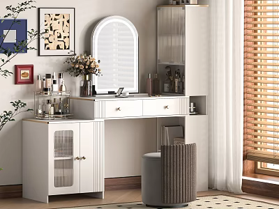 Modern White Dressing Table With Arched Mirror Cosmetics Flower Vase And Stool 3d model