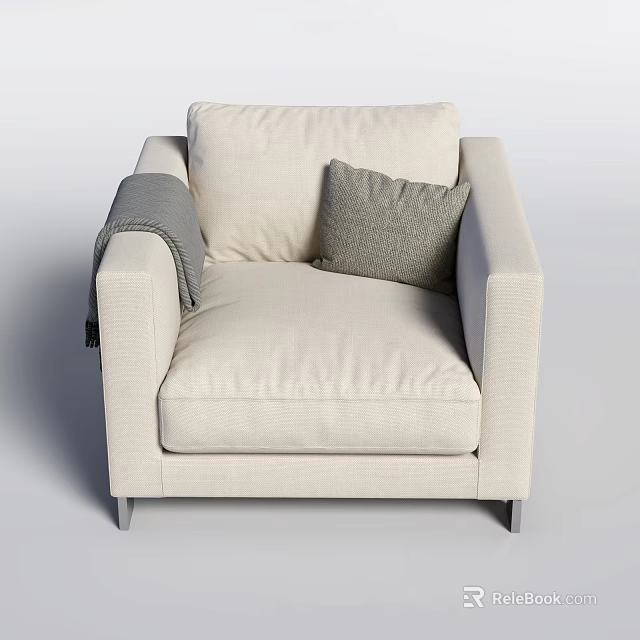 Modern Beige Single Sofa with Gray Pillow and Blanket on Armrest and Metal Legs 3d model 
