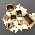 Used Cardboard Boxes Open and Stacked with Scattered Papers Around 3d model