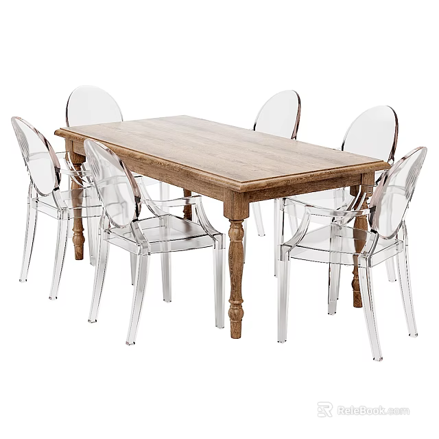 Modern Minimalist Dining Table Set With Wooden Rectangular Table And Six Transparent Acrylic Chairs 3d model 