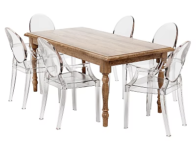 Modern Minimalist Dining Table Set With Wooden Rectangular Table And Six Transparent Acrylic Chairs 3d model