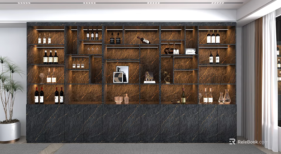 Modern Dark Decorative Cabinet With Wine Bottles Glasses And Decorative Items 3d model 