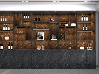 Modern Dark Decorative Cabinet With Wine Bottles Glasses And Decorative Items 3d model
