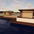 Modern Waterfront Park Landscape With Lawn Spaces Wooden Deck And People Activities
