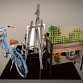 Single Sofa With Wooden Frame Small Table Potted Plants Easel And Bicycle On Rug