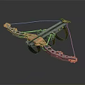Crossbow With Metal Wheels And Copper Accents On Black Frame