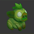 Cartoon Creature 3D Model with Green Body Yellow Face Big Eyes and Leaf Decoration