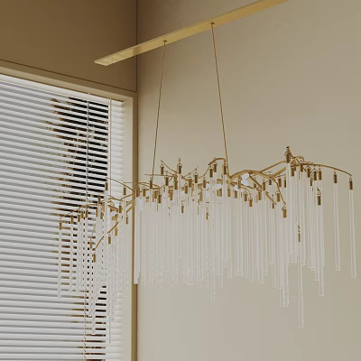 Elegant Gold Chandelier With Long Transparent Pendants In Modern Interior With Blinds 3d model