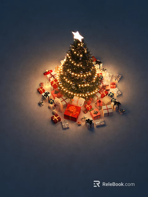 Beautiful Lit Christmas Tree Surrounded By Colorful Wrapped Gifts And Ornaments 3d model 