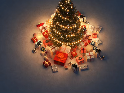 Beautiful Lit Christmas Tree Surrounded By Colorful Wrapped Gifts And Ornaments 3d model