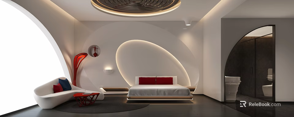 Modern Hotel Room Interior With Curved LED Lighting Round Ceiling Light White Walls And Red Pillows 3d model 