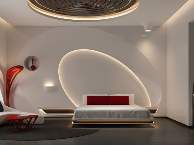 Modern Hotel Room Interior With Curved LED Lighting Round Ceiling Light White Walls And Red Pillows 3d model