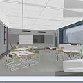 Bright Modern School Classroom With White Blackboard Green Chairs White Tables Windows And Storage Cabinets