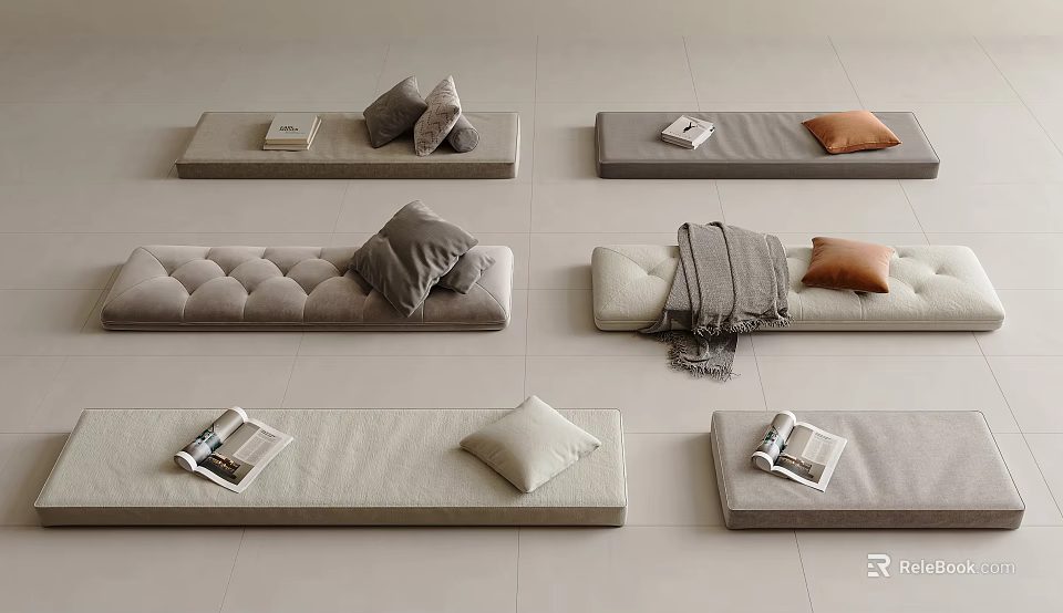 Multiple Design Benches With Cushions Blankets And Magazines On Light Floor 3d model 