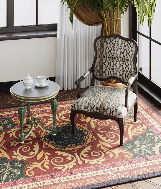 Patterned Fabric Accent Chair With Dark Wooden Armrests Round Table Tea Set And Decorative Rug 3d model 