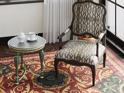 Patterned Fabric Accent Chair With Dark Wooden Armrests Round Table Tea Set And Decorative Rug 3d model