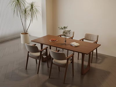 Modern Dining Space With Wooden Table Four Chairs Gray Herringbone Floor And Potted Plant 3d model