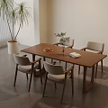 Modern Dining Space With Wooden Table Four Chairs Gray Herringbone Floor And Potted Plant