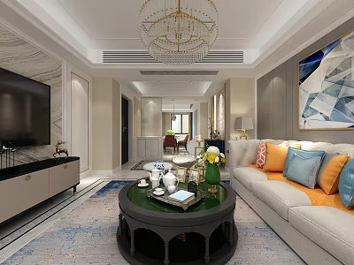 Elegant Modern Living Dining Room Interior With Chandelier Sofa Coffee Table And Wall Painting 3d model