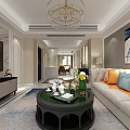 Elegant Modern Living Dining Room Interior With Chandelier Sofa Coffee Table And Wall Painting