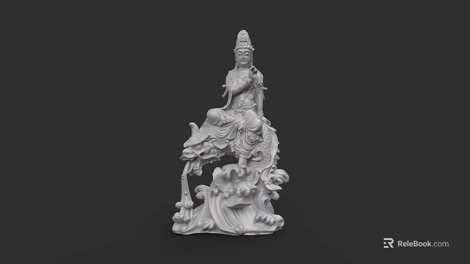 Exquisite White Guanyin Sculpture Carving Seated On Dragon With Wave Base Design 3d model 