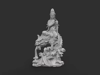 Exquisite White Guanyin Sculpture Carving Seated On Dragon With Wave Base Design 3d model
