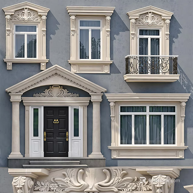 Classic Building Exterior With Sliding Windows White Frames And Decorative Doorway 3d model 