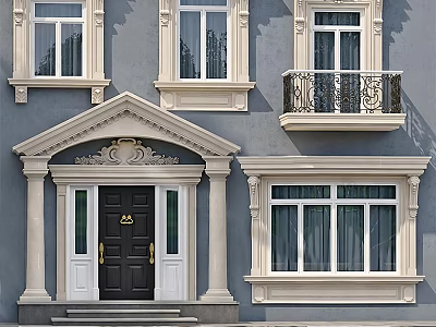 Classic Building Exterior With Sliding Windows White Frames And Decorative Doorway 3d model