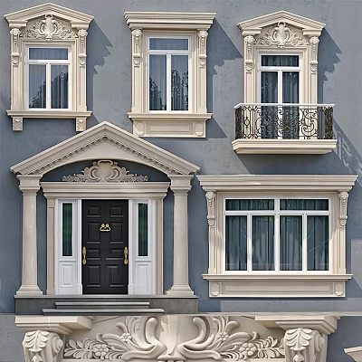 Classic Building Exterior With Sliding Windows White Frames And Decorative Doorway 3d model