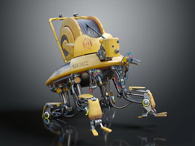 Yellow Smart Machine Featuring Mechanical Structure With Multi Jointed Arms And Cables 3d model