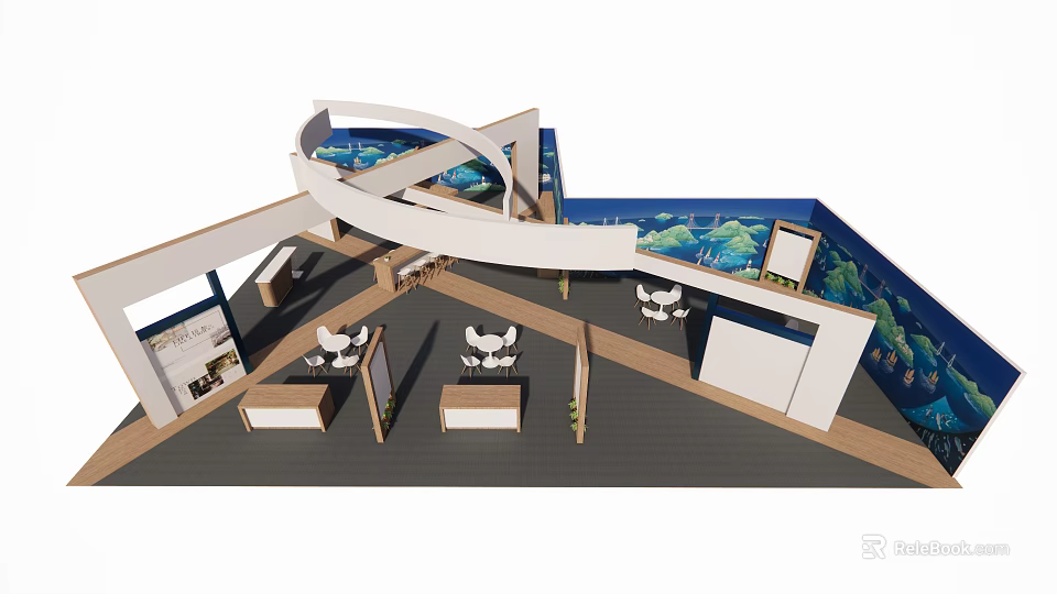 Modern Exhibition Booth Design With Curved White Structure Blue Backdrop And Display Counters 3d model 