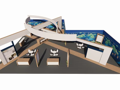 Modern Exhibition Booth Design With Curved White Structure Blue Backdrop And Display Counters 3d model