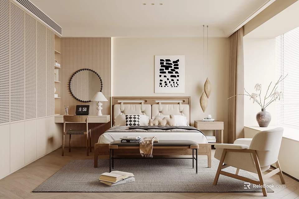 Modern Bedroom Interior With Upholstered Headboard Wooden Bed Textured Rug And Abstract Artwork 3d model 