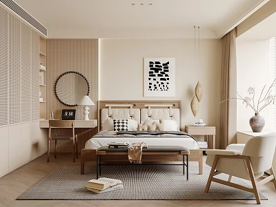 Modern Bedroom Interior With Upholstered Headboard Wooden Bed Textured Rug And Abstract Artwork 3d model