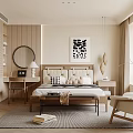 Modern Bedroom Interior With Upholstered Headboard Wooden Bed Textured Rug And Abstract Artwork