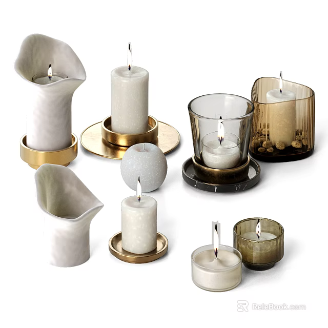 Elegant Decorative Ornament Set With Marble Glass Gold Candle Holders And Various Shaped Candles 3d model 