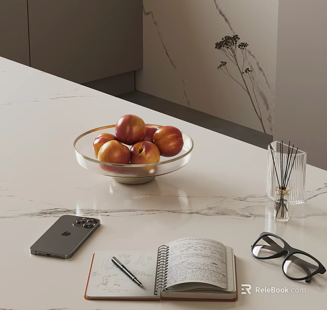 Decorative Ornament Set on Marble Countertop with Glass Fruit Bowl Aromatic Diffuser Notebook and Eyeglasses 3d model 