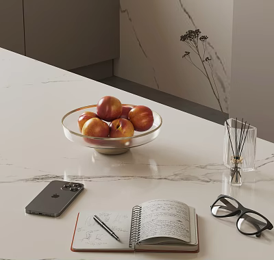 Decorative Ornament Set on Marble Countertop with Glass Fruit Bowl Aromatic Diffuser Notebook and Eyeglasses 3d model