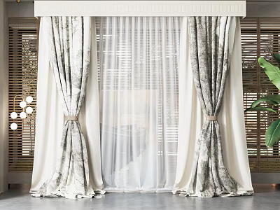 Elegant Double Layer Curtains With Patterned Panels Sheer Insert Decorative Valance And Tiebacks 3d model