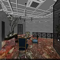 Modern Industrial Style Restaurant Interior Featuring Chandelier Lighting Marble Floor Decorative Painting And Colorful Dining Chairs