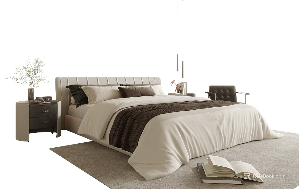Modern Upholstered Double Bed with White Brown Bedding Nightstand Vase Accent Chair Rug Books 3d model 