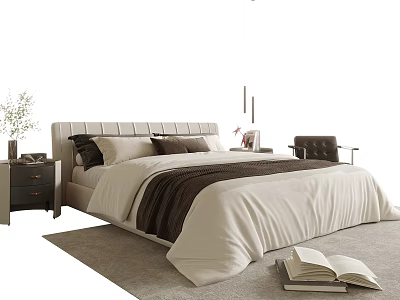 Modern Upholstered Double Bed with White Brown Bedding Nightstand Vase Accent Chair Rug Books 3d model