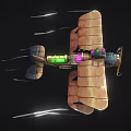 Cartoon Fighter Jet With Wooden Wings Green Engine Purple Pink Lights Flying With Speed Lines
