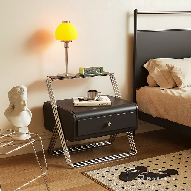 Modern Black Bedside Table with Yellow Lamp Book Cup and Metal Frame 3d model 