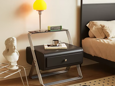 Modern Black Bedside Table with Yellow Lamp Book Cup and Metal Frame 3d model