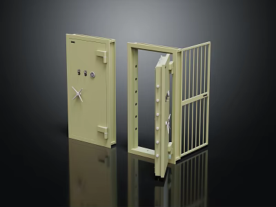 Beige Security Door With Grill Design Closed And Open Double Doors 3d model