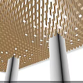 Modern Wooden Geometric Ceiling Design With Recessed Lighting And White Columns