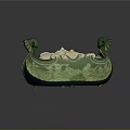 Vintage Green Carved Water Transport Model Boat With Cream Accents And Prow Decorations