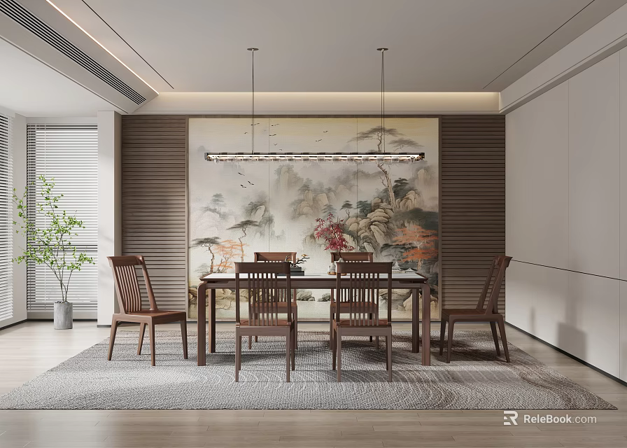 Modern Restaurant With Chinese Landscape Painting Wooden Dining Table Chairs Chandelier Rug And Green Plants 3d model 