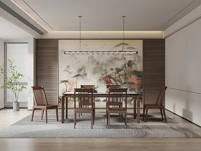 Modern Restaurant With Chinese Landscape Painting Wooden Dining Table Chairs Chandelier Rug And Green Plants 3d model